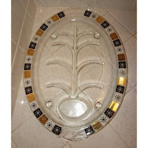 Vintage Inland Glass MCM Clear Meat Platter Atomic Gold Black Starburst tray - Picture 2 of 9